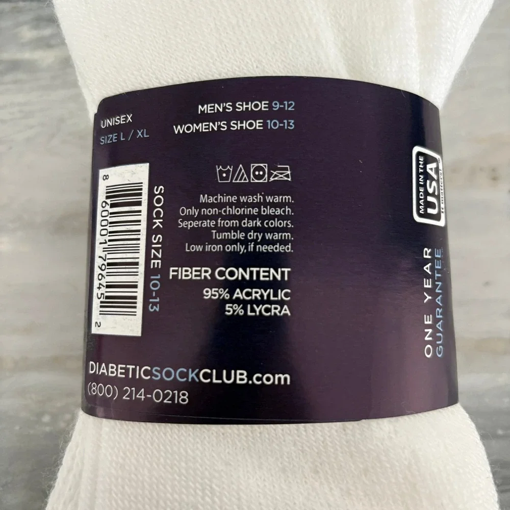 Diabetic Sock Club White Ultra Soft Crew Socks Unisex L/XL Made in USA 10-13